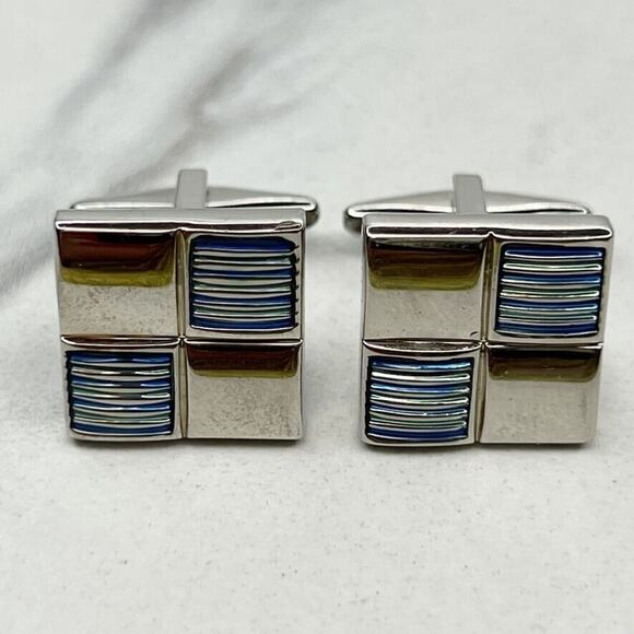 Silver Tone and Blue Patchwork Square Cufflinks - Picture 1 of 5